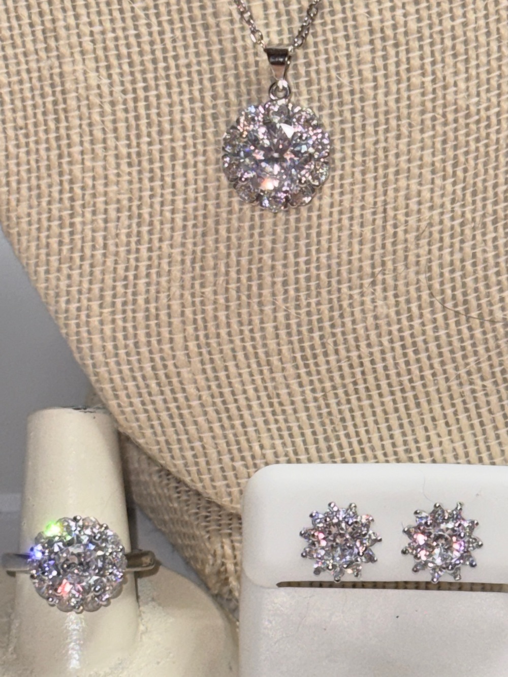 Silver & Moissanite diamonds necklace ring & matching earrings NEW
